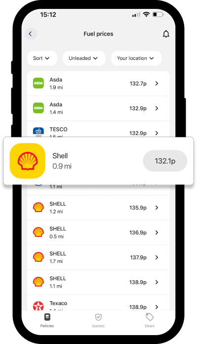 Directline app fuel prices screen
