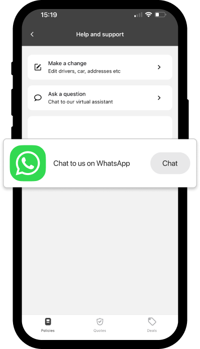 Directline app help and support screen