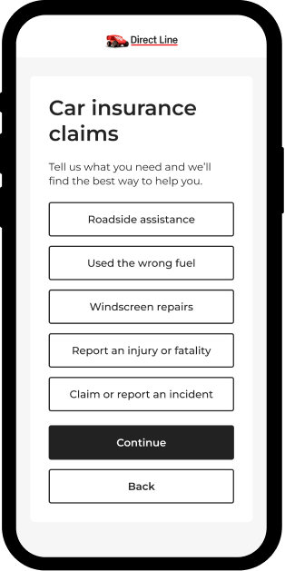 Phone screen showing Direct Line windscreen claim form