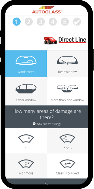Phone screen showing Direct Line windscreen claim form