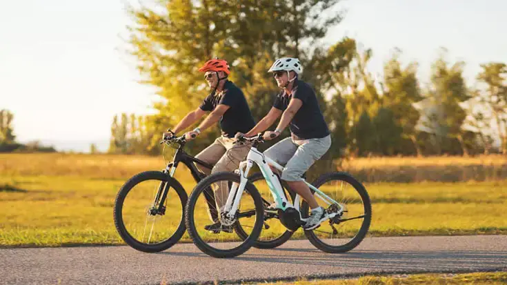 Middle-aged couple riding electric bikes in the park.