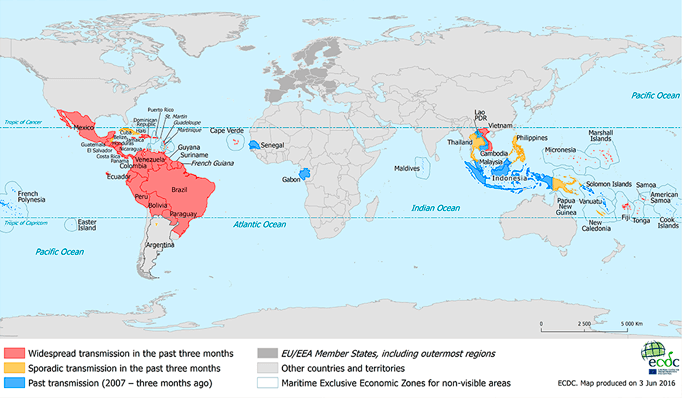 A map of countries currently affected by the Zika virus